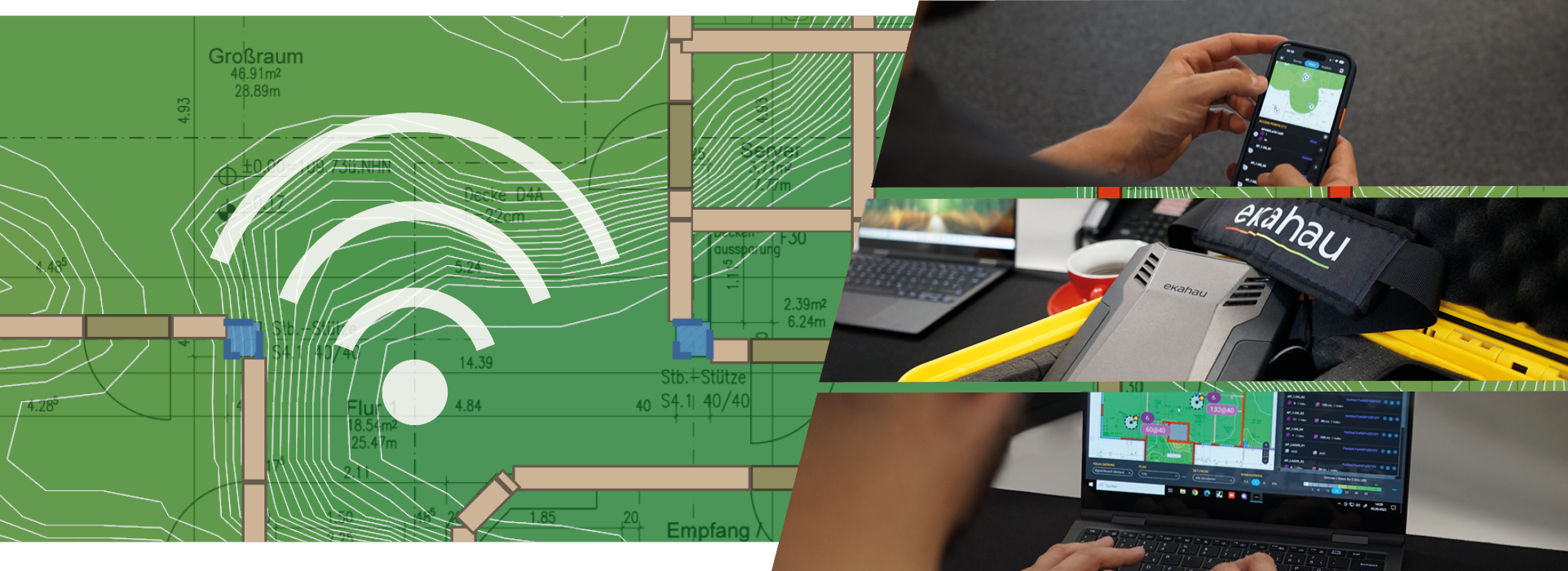 Ekahau WiFi Day Banner - featuring a floor plan in the background and three compatible devices displayed as tiles