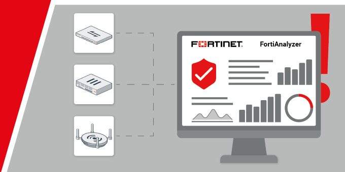 FortiAnalyzer - Compatible Hardware next to a monitor that displays the FortiAnalyzer interface