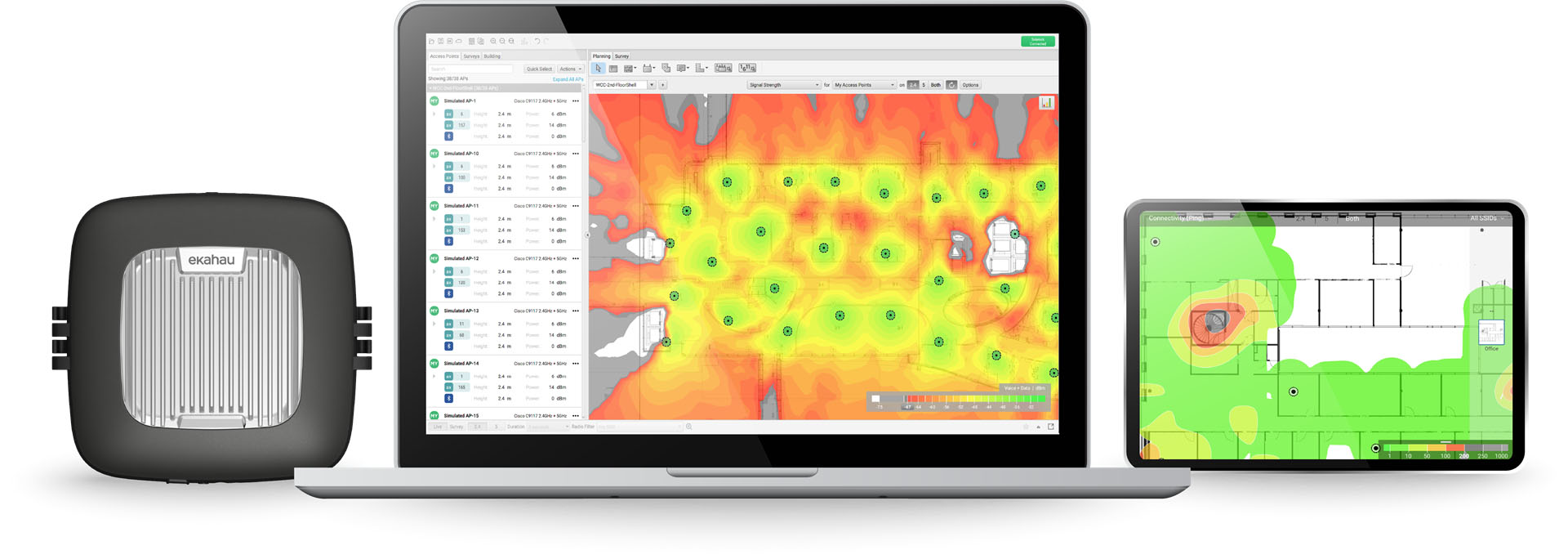 Ekahau Sidekick neben einem Laptop und einem IPad welche die Ekahau Site Survey Software zeigen